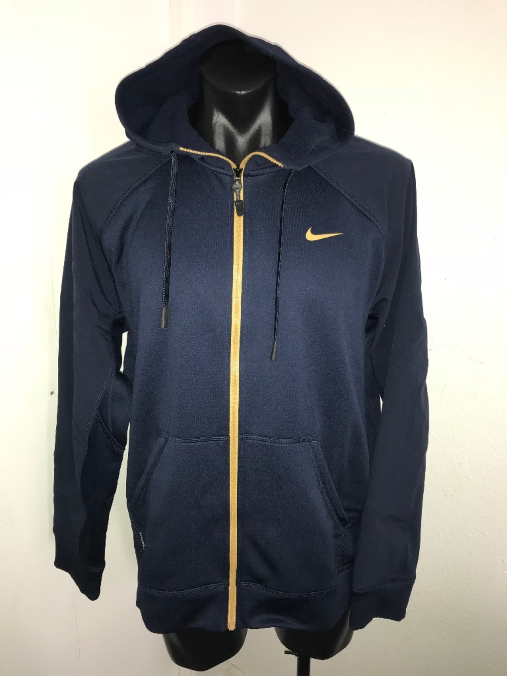 Nike Full Zip Hoodie Men’s XL Navy Blue Gold Swoosh Athletic Sweatshirt